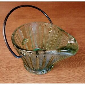 Vtg. MCM Textured Mini Green Glass Bucket Ashtray/ Toothpick Holder Wire Handle